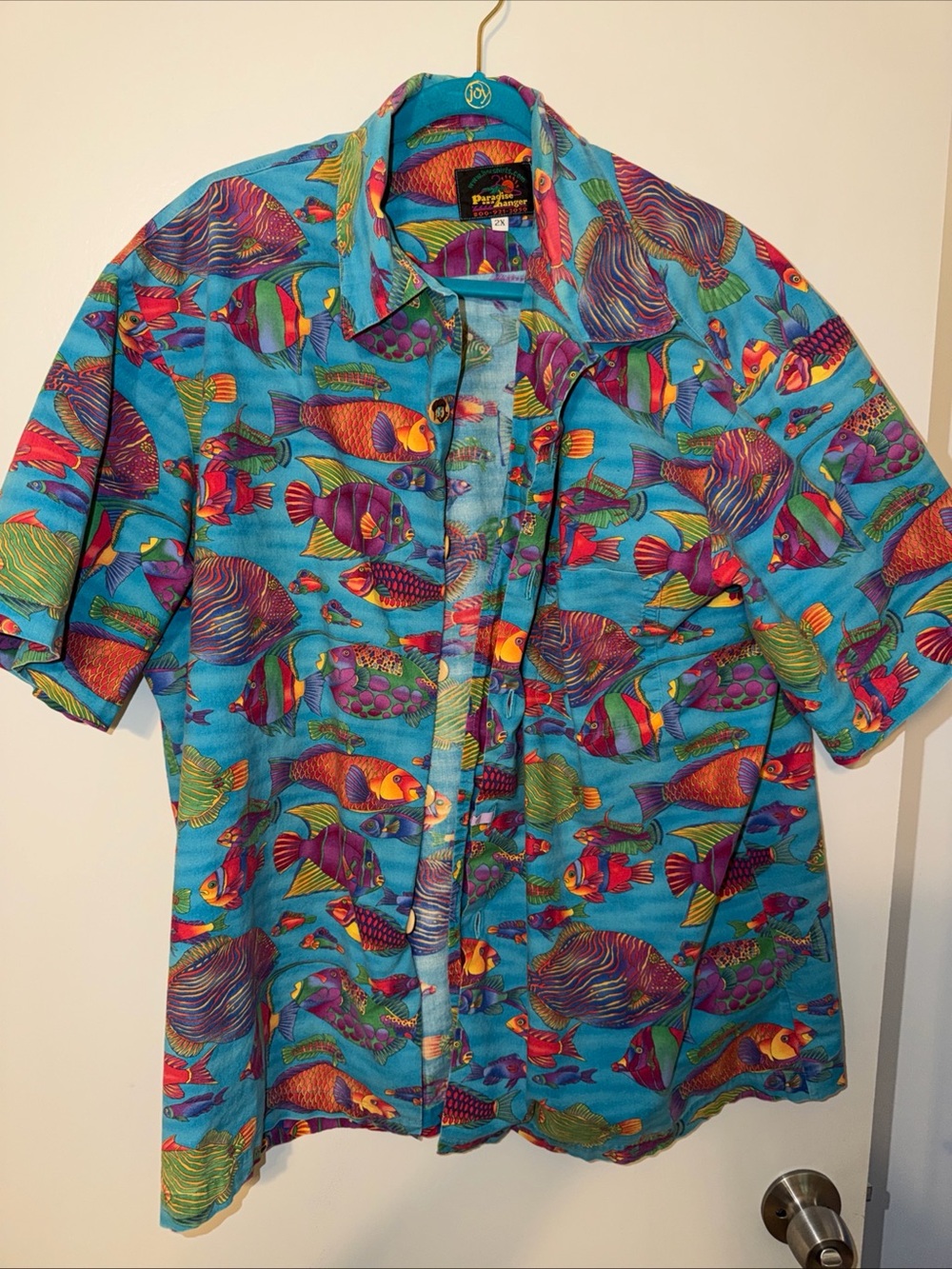 Colorful Tropical Fish Short-Sleeve Button-Down Shirt - Bright Blue